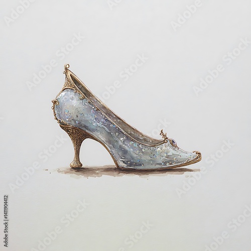 Elegant Glass Slipper with Ornate Gold Accents A Detailed Illustration.