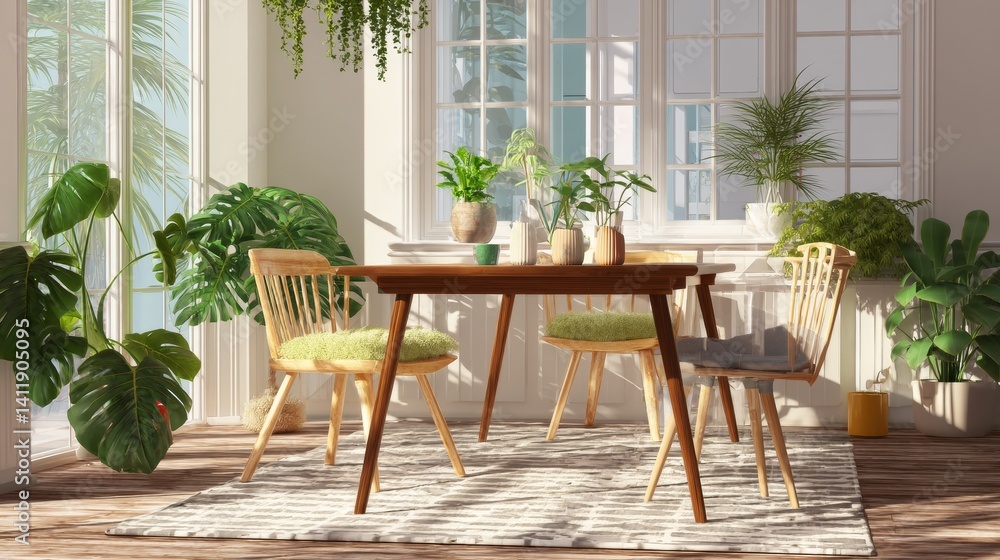 Stylish room with wooden table, chairs and houseplants. Interior design