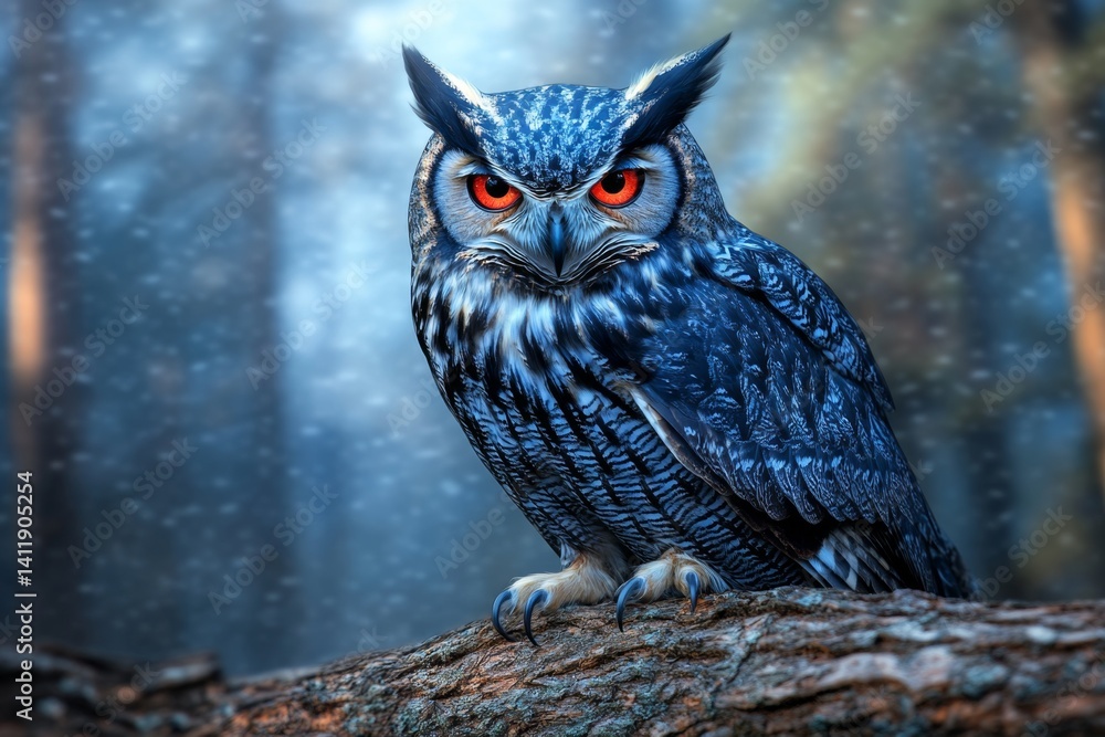 A mystical glowing owl perched on a tree branch in a foggy forest