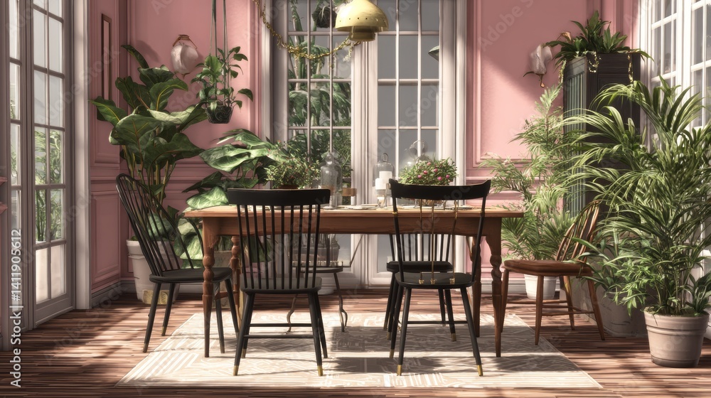 Fototapeta premium Stylish room with wooden table, chairs and houseplants. Interior design