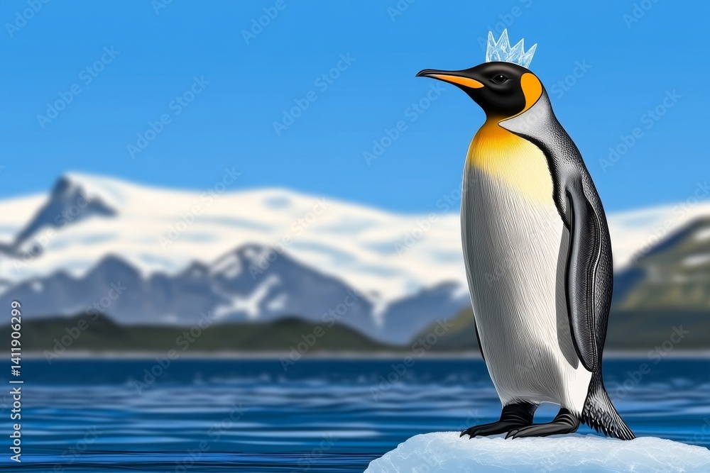 Fototapeta premium A penguin wearing a tiny ice crown, standing proudly on a floating iceberg