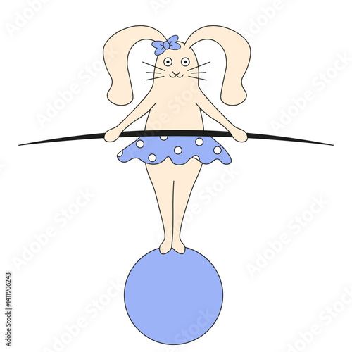 Bunny balancer vector illustration. Bunny equilibrist template design isolated white background. Rabbit in Circus. Perfect simple t-shirt print Circus poster flyer cover design. EPS 10