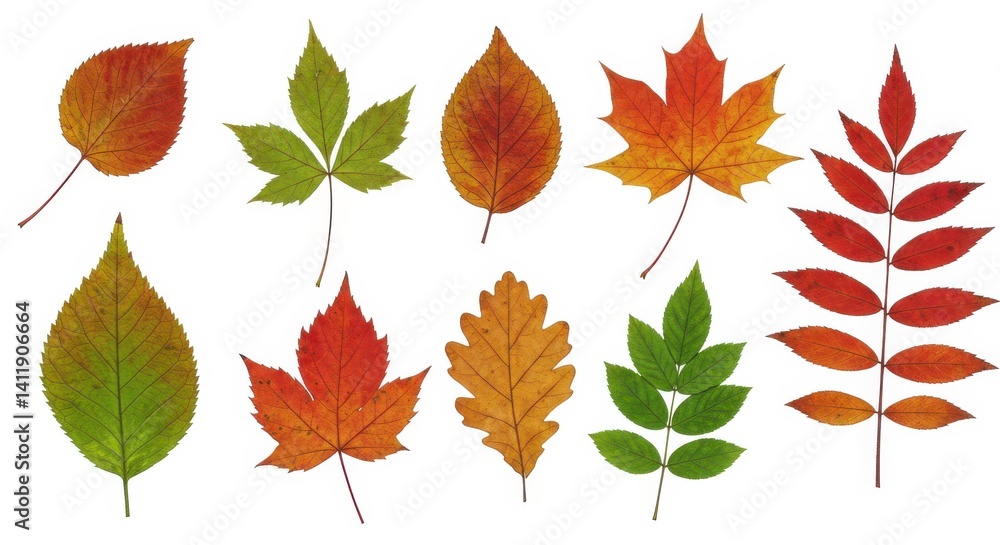 Naklejka premium Autumn leaves botanical illustration vibrant isolated white background