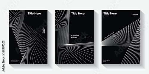 Modern cover design set. Black and white abstract line pattern (guilloche curves). Creative wavy stripe vector collection for business background, certificate, brochure template, magazine layout