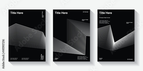 Modern cover design set. Black and white abstract line pattern (guilloche curves). Creative wavy stripe vector collection for business background, certificate, brochure template, magazine layout