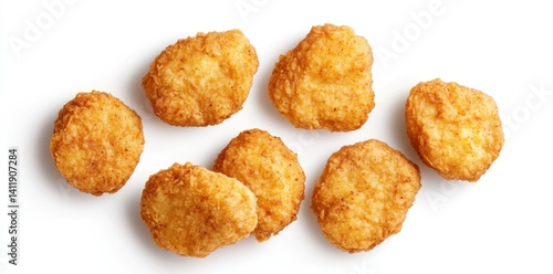 Crispy Golden Chicken Nuggets on White Background in Delicious Arrangement