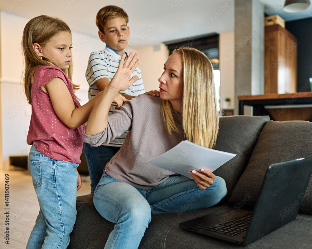 child mother woman family laptop business office home stress working girl work daughter parent home office businesswoman job son freelance