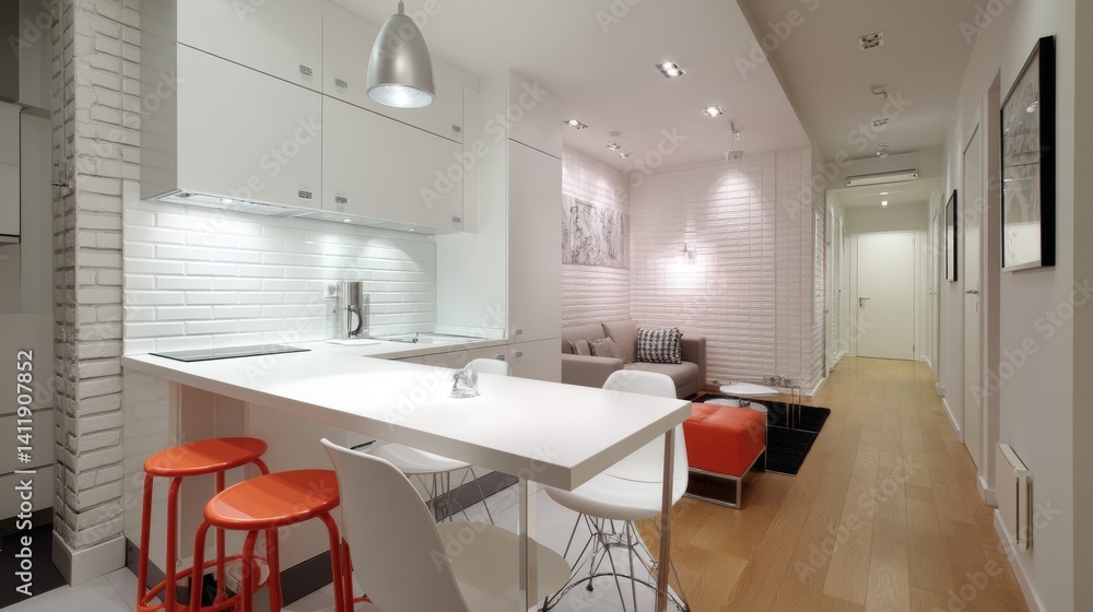 Stylish interior design of the studio apartment. White table with high chairs, kitchen set. A wide passage into the living room.