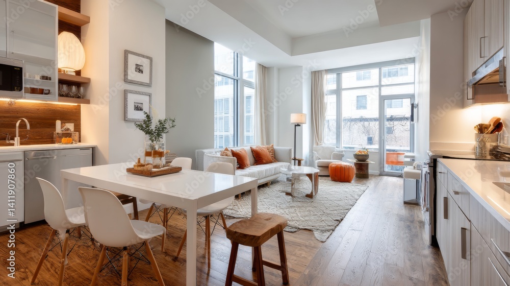 Stylish interior design of the studio apartment. White table with high chairs, kitchen set. A wide passage into the living room.