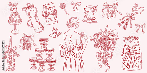 Whimsical wedding line art illustrations in doodle ink style. Elegant coquette party hand drawn elements. Casual vintage vector illustration for invitations, cards, greetings. Save the date