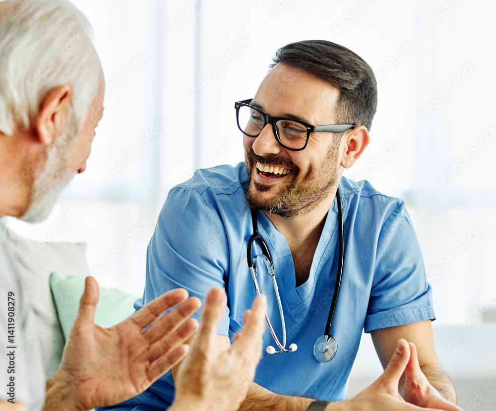nurse doctor senior care caregiver help assistence retirement home nursing elderly man health portrait having fun laughing smiling