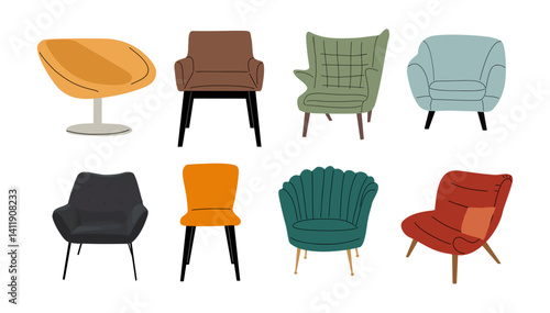 Set of different vintage mid century modern armchairs. Colorful interior design furniture icons, chairs. Hand drawn flat vector illustration isolated on transparent background