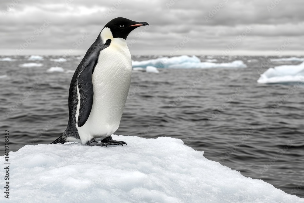 Obraz premium A simple black-and-white silhouette of a penguin standing on an iceberg