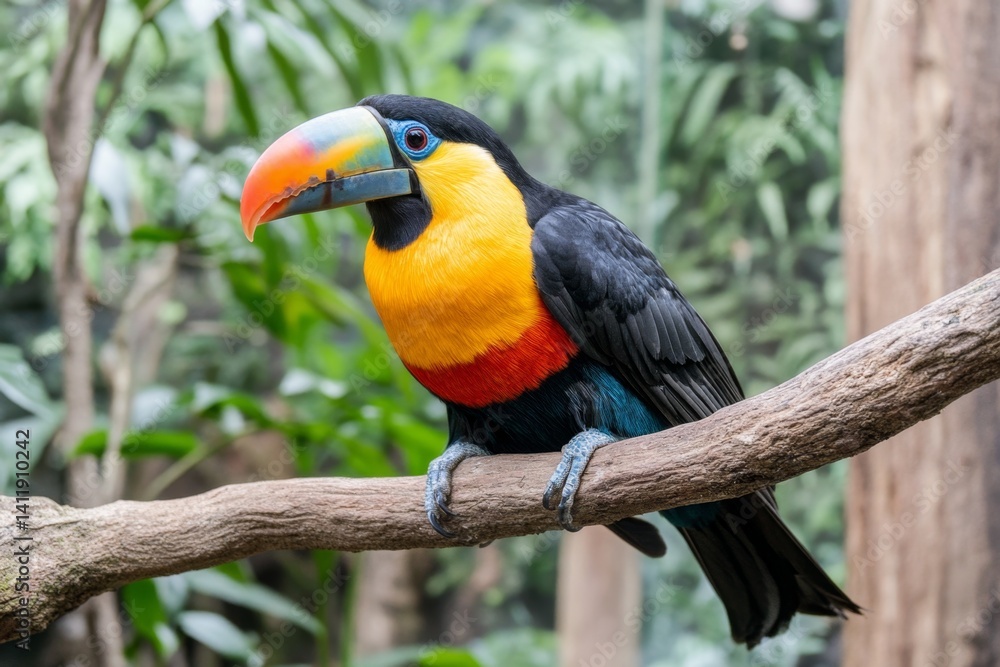 Naklejka premium A toucan perched on a rainforest branch, its large colorful beak gleaming in the sunlight (Bird)