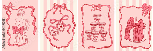 Vintage greeting cards in coquette style. Hand drawn whimsical frames with elegant bows and ribbons. Template for poster, banner, wedding invitation, Valentines day, birthday card. Vector illustration