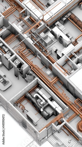 Complex CAD rendering illustrating building's mechanical, electrical, and plumbing systems - construction utility plumbing