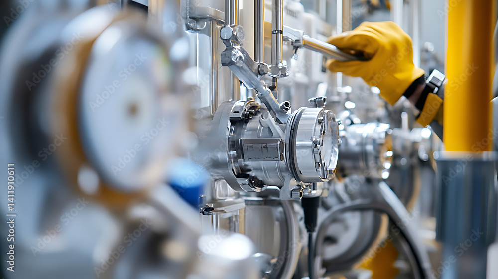 Technician installing new parts in a lithium extraction plant to improve efficiency. Featuring equipment installation Technician installing new parts in a lithium extraction plant to improve efficiency. Featuring equipment installation