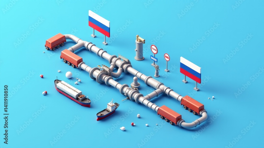 Fototapeta premium Isometric Russian Pipeline With Transport Illustration