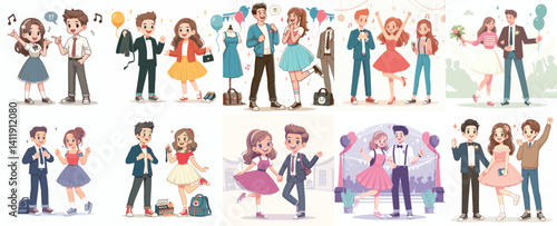 Young People Attending a Formal Party or Prom Illustration Set

