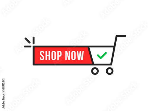 red shop now icon with shopping cart with tick