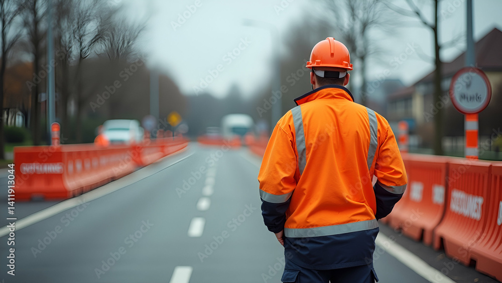 High Resolution Stock Photo of Road Construction Safety: Engineered Barriers, Professional Traffic Management, Safety Uniforms, and Empty Space for Conceptual Use High Resolution Stock Photo of Road Construction Safety: Engineered Barriers, Professional Traffic Management, Safety Uniforms, and Empty Space for Conceptual Use