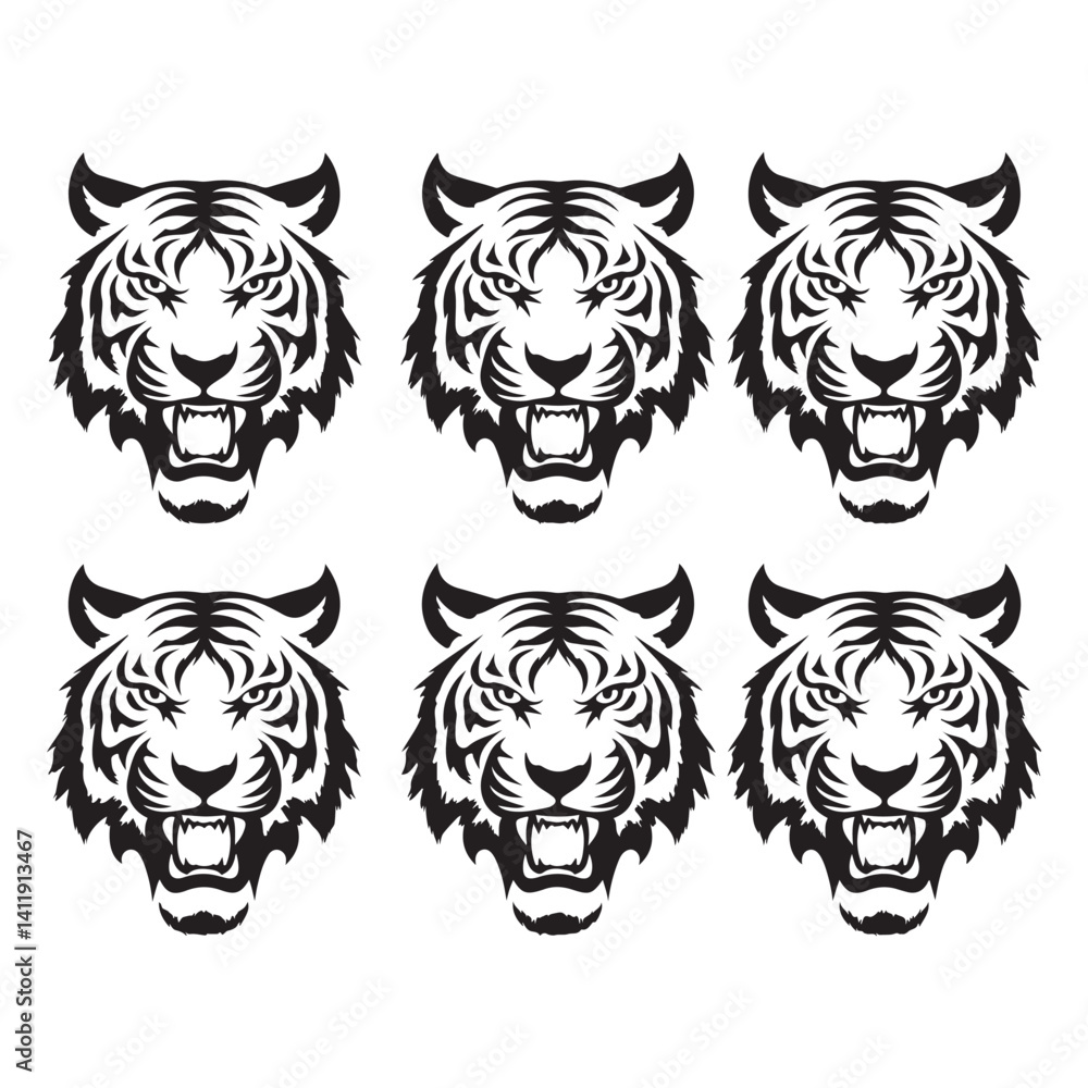 Tiger head roaring - Black and white vector illustration Tiger head roaring - Black and white vector illustration