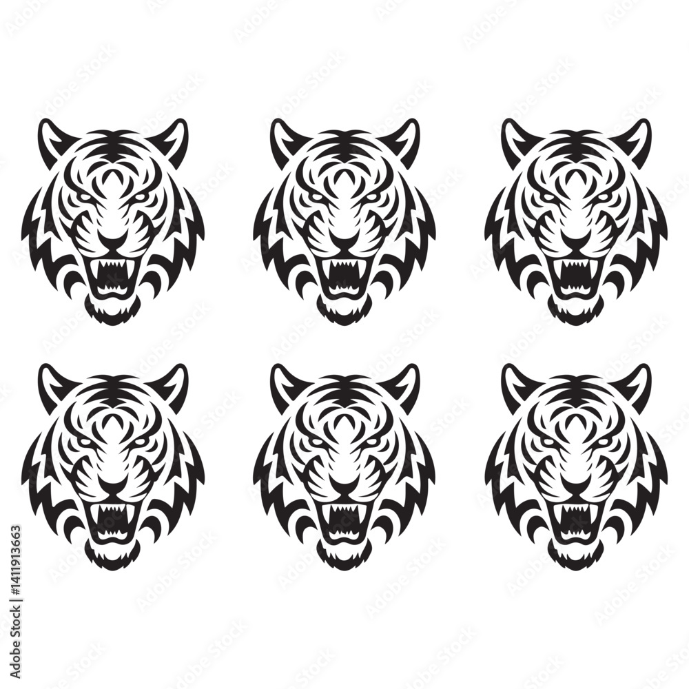 Fototapeta premium Tiger head roaring - Black and white vector illustration 