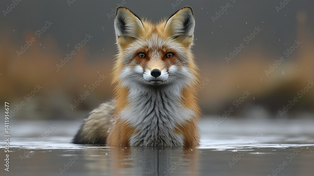 Obraz premium Red fox standing in water with calm expression