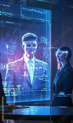 Business professionals engaging with futuristic holographic technology in a modern office setting