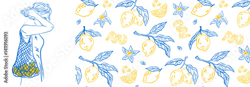Hand drawn vintage seamless pattern with lemons. Sketch style citrus fruits, flowers, leaves and women. Vector elegant doodle citrus tropical whimsical fruits. Lineart summer Italian background