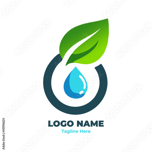 Green eco friendly emblem logo template with leaf and clean earth element for environmental sustainability renewable energy and biodegradable organic packaging design