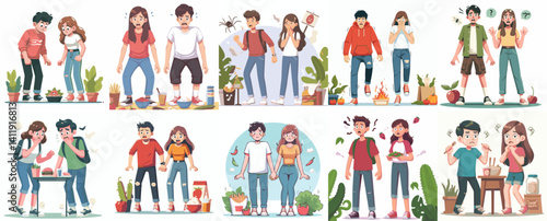 Vector of a teenage couple standing scared while trying a new food challenge