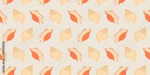 Seamless pattern with bright colorful Sea shells on beige background in modern flat style. Trendy pattern for fabric, textile, wrapping paper, wallpaper, stickers, notebook cover