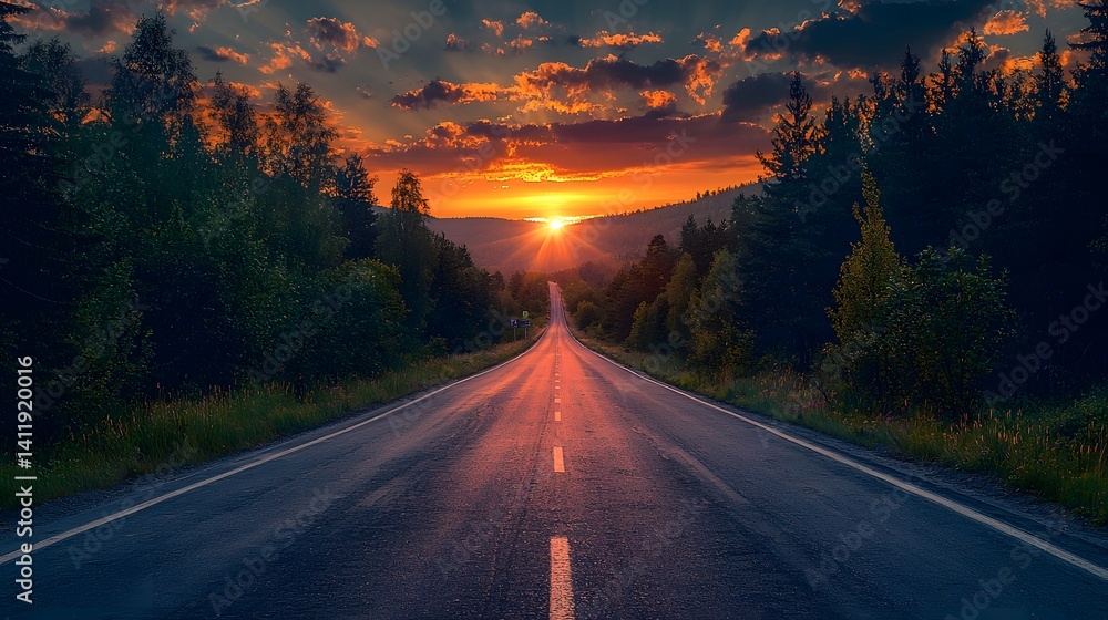 Fototapeta premium Scenic Sunset Road Through Lush Forest Landscape Leading to Horizon