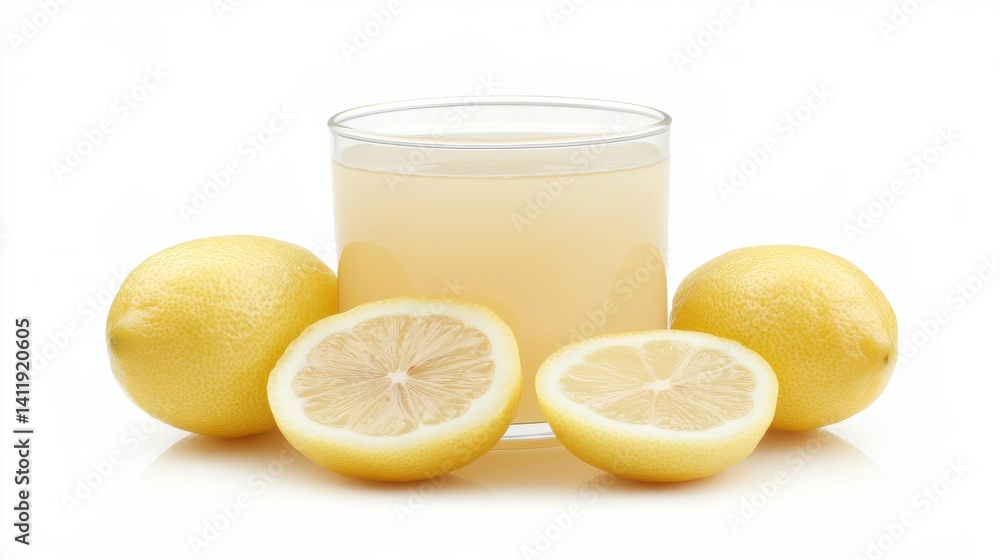Fresh Lemon Juice in Glass with Whole and Sliced Lemons on White Fresh Lemon Juice in Glass with Whole and Sliced Lemons on White