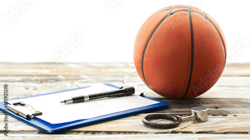 Professional Basketball Coaching Tools - Whistle, Clipboard & Ball Image