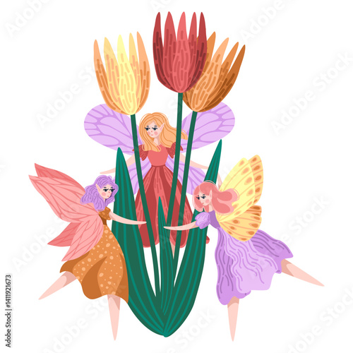 Vector of fairies dancing in fantasy garden with bright flowers. Lush foliage background and bright tulips. Magical garden scene with winged girls in round dance. Fairy tale prints and cards.