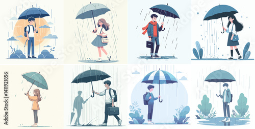 Vector of a teenager opening an umbrella in the rain
