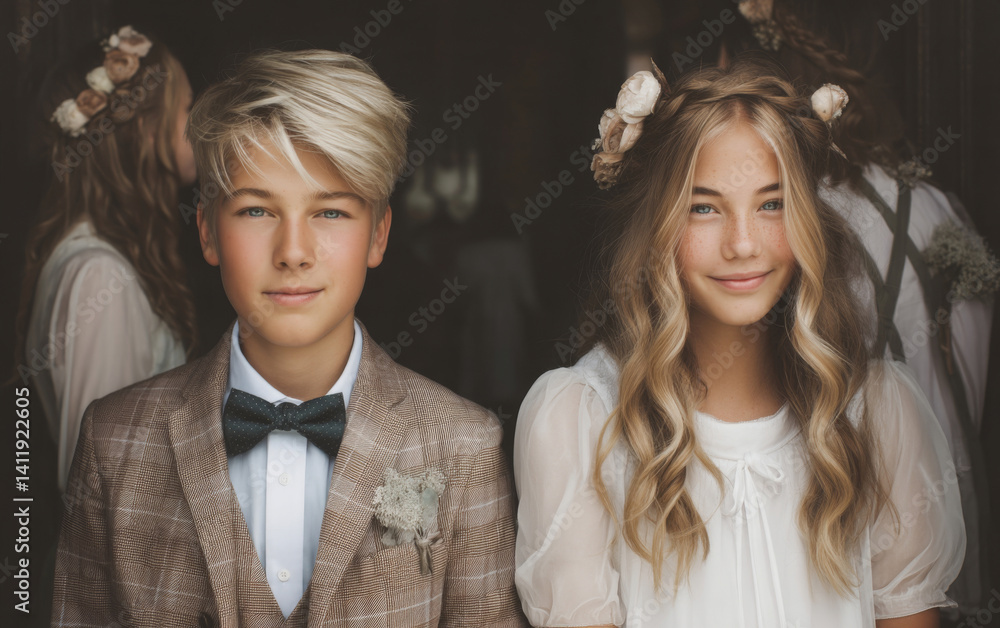 Teenagers leaving church after confirmation ceremony, dressed formally and surrounded by family and joyful atmosphere