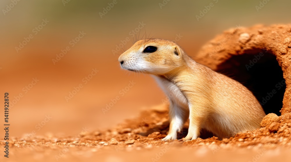 Fototapeta premium A small animal peeks out from its burrow in a sandy landscape, showcasing its alert expression and distinctive features.