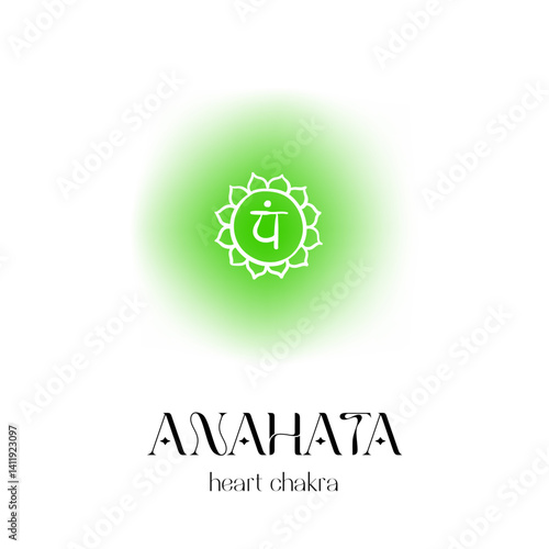 Anahata heart chakra symbol with green aura and sanskrit text
