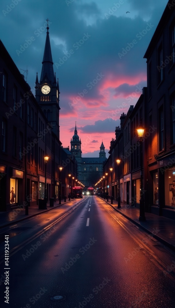 Fototapeta premium Dusk descends on Manchester, revealing the city's architectural grandeur, towers, city, manchester