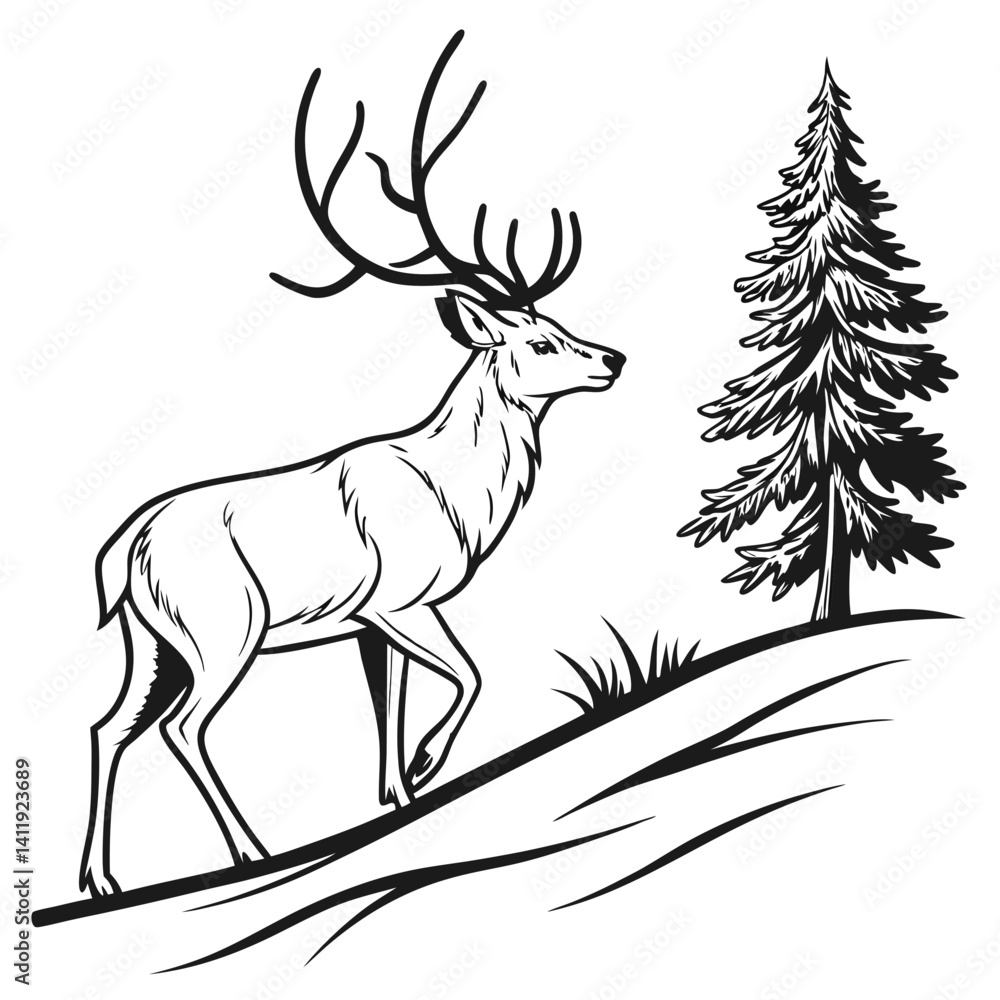 A vector whitetail deer standing on the hill or stone under a pine tree A vector whitetail deer standing on the hill or stone under a pine tree