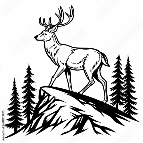 A vector whitetail deer standing on the hill or stone under a pine tree