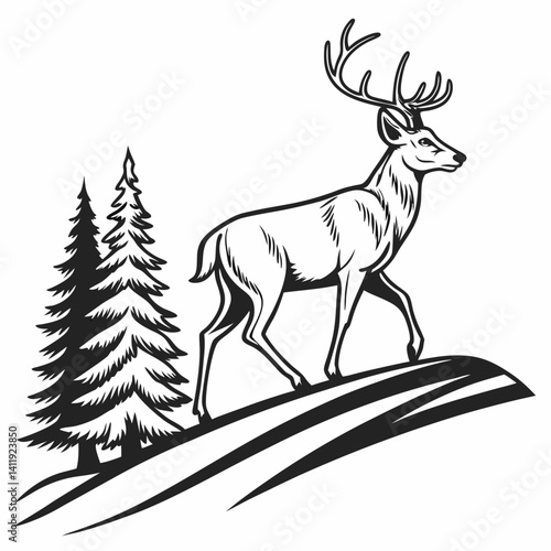 A vector whitetail deer standing on the hill or stone under a pine tree