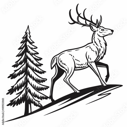 A vector whitetail deer standing on the hill or stone under a pine tree