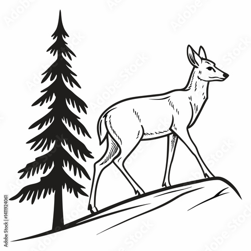A vector whitetail deer standing on the hill or stone under a pine tree