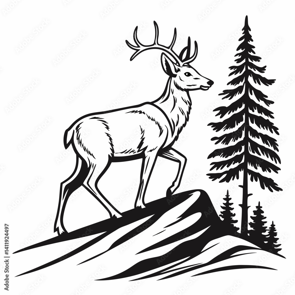 Fototapeta premium A vector whitetail deer standing on the hill or stone under a pine tree