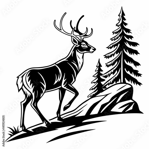 A vector whitetail deer standing on the hill or stone under a pine tree