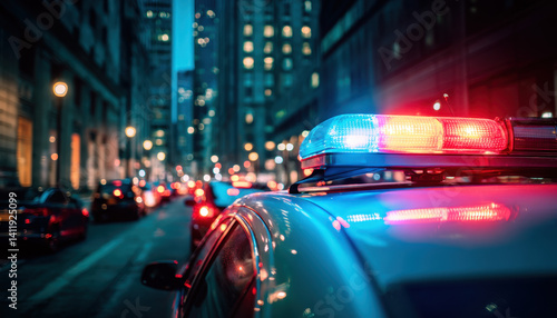 Flashing blue and red lights create a vibrant contrast against the backdrop of city buildings and evening traffic